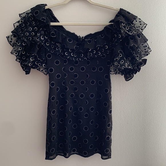 For Love & Lemons Mini Dress Off Shoulder Adella Party Dress in Black Polka Dot - Picture 6 of 13